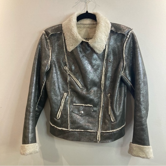 DENIM & SUPPLY Sz M Metallic Sherpa Lined Moto Style  Zipper Snap Closure Jacket - Picture 8 of 13